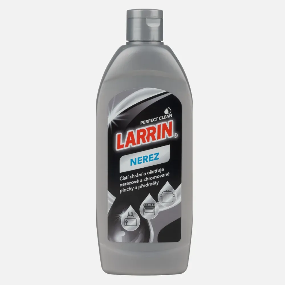 LARRIN čistič na nerezové povrchy 250 ml – Speciálně vyvinutý čistič pro nerezové povrchy, který efektivně odstraňuje nečistoty, otisky prstů a šmouhy, aniž by poškodil lesk materiálu. Ideální pro použití na domácí spotřebiče, dřezy, nerezové pracovn