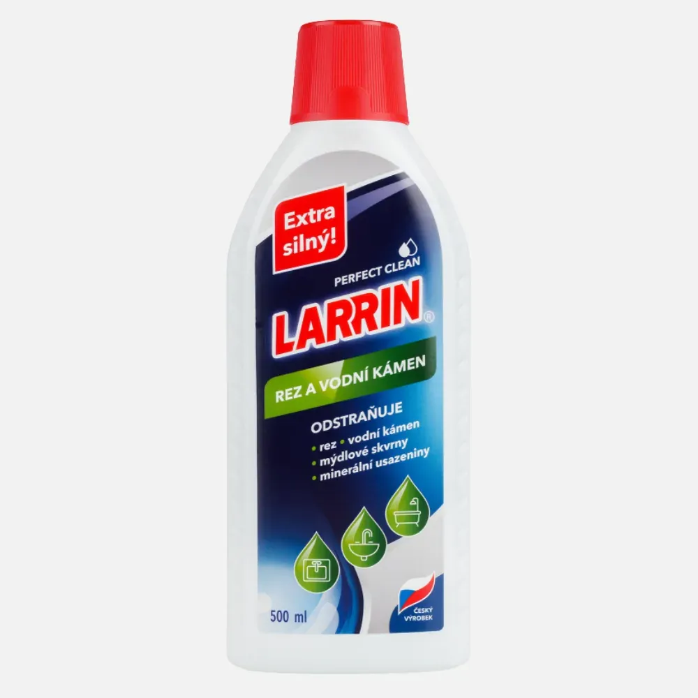 Larrin účinně odstraňuje vodní kámen ze sprchy, WC, skla i baterií. Skvělý pro každodenní údržbu koupelny a prevenci opětovného usazování.